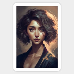 Golden Waves: A Portrait of a Beautiful Girl with Short Wavy Hair Sticker